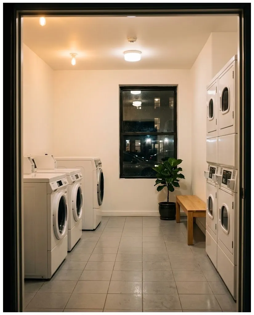 O interior limpo e iluminado da lavandaria à noite