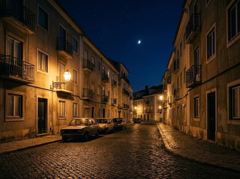 Rua sossegada de Oeiras à noite