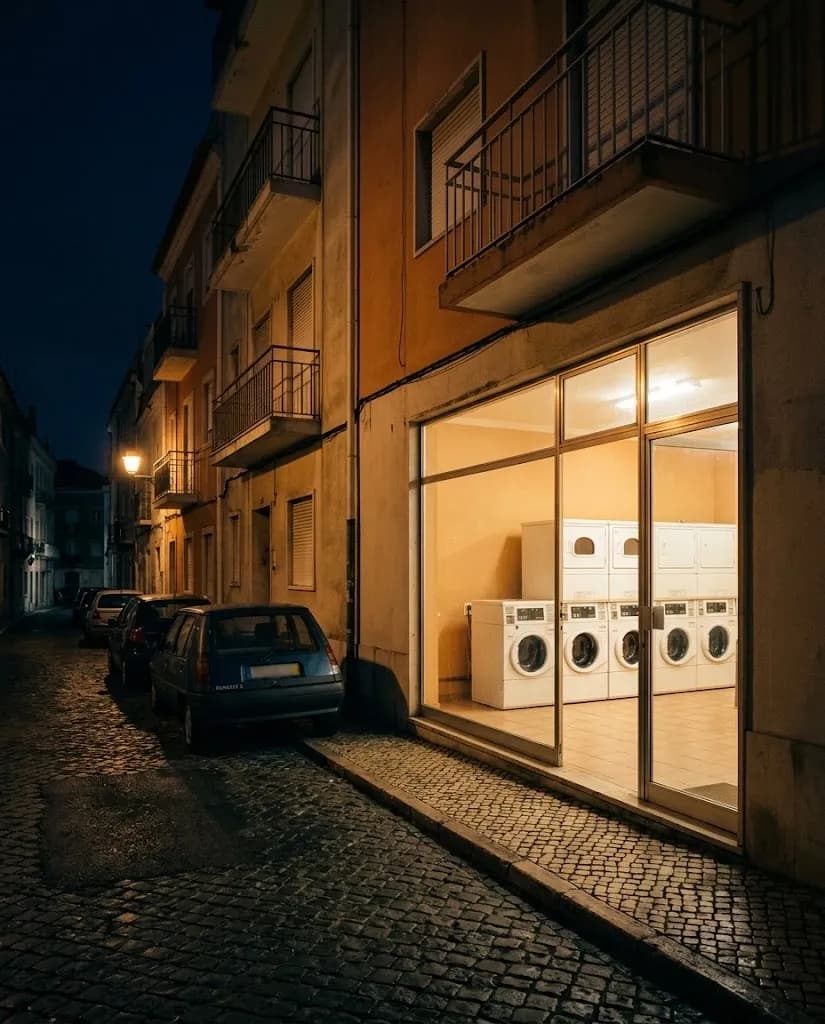 A montra iluminada da lavandaria à noite numa rua sossegada de Oeiras